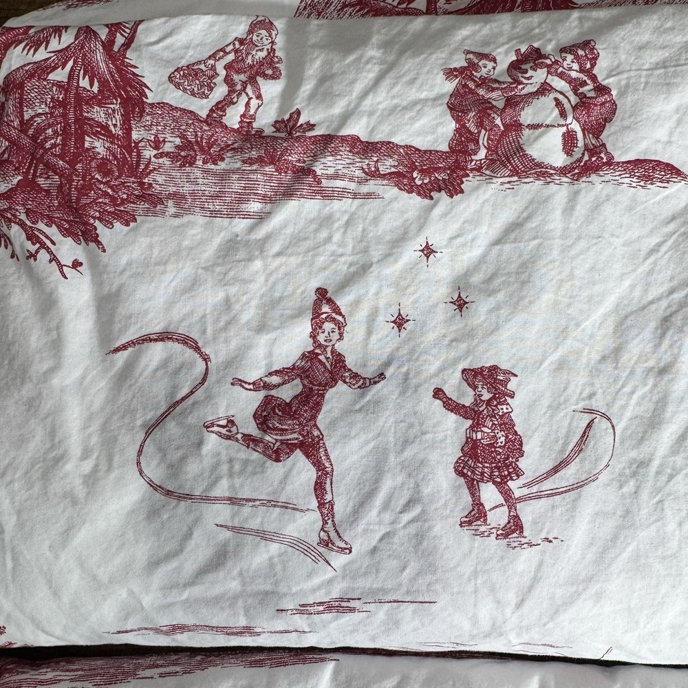 Rare Pottery Barn Santa Toile Sheet Set Red Twin XL Christmas Holiday French EUC - Picture 7 of 9